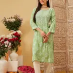 kaashley Hand Embroidered Green Modal Lucknowi Chikankari Straight Kurta