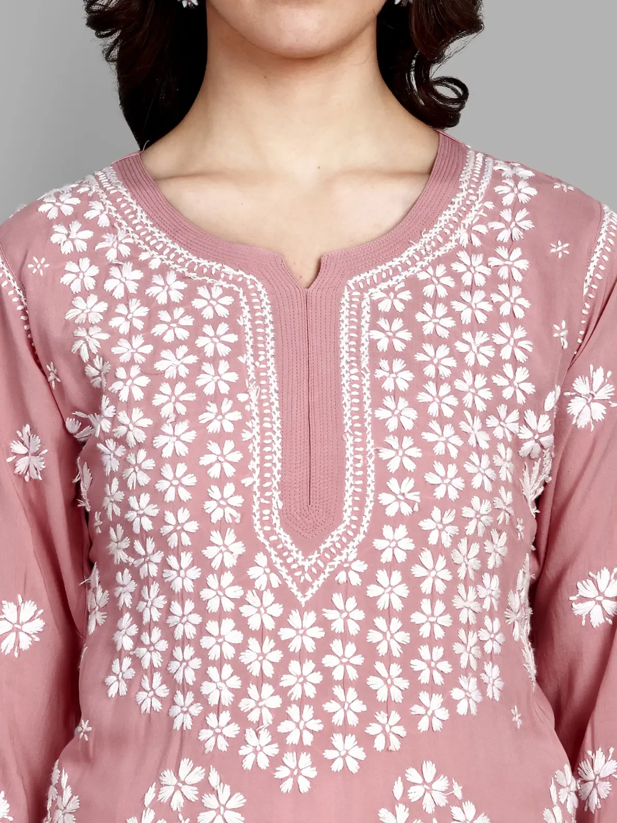 Kaashley Hand Embroidered Dusty Pink Modal Lucknowi Chikankari Straight Kurta - Image 8