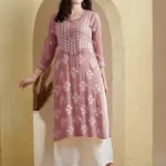 Kaashley Hand Embroidered Dusty Pink Modal Lucknowi Chikankari Straight Kurta