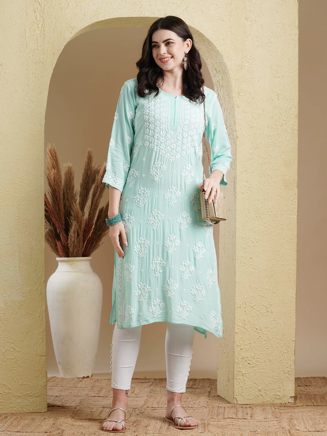 kaashley Hand Embroidered Sea Green Modal Lucknowi Chikankari Straight Kurta-1 Kaashley Hand Embroidered Sea Green Modal Lucknowi Chikankari Straight Kurta - Image 1