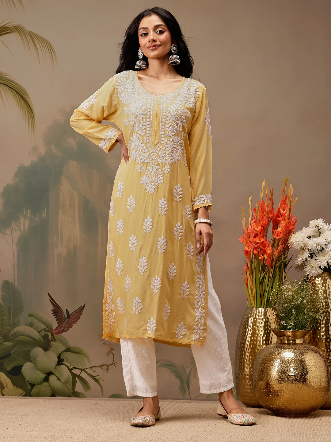 kaashley Hand Embroidered Yellow Rayon Lucknowi Chikankari Straight Kurta-1 kaashley Hand Embroidered Yellow Rayon Lucknowi Chikankari Straight Kurta - Image 1
