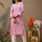 kaashley Hand Embroidered Pink Rayon Lucknowi Chikankari Straight Kurta