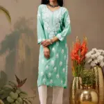 kaashley Hand Embroidered Sea Green Rayon Lucknowi Chikankari Straight Kurta