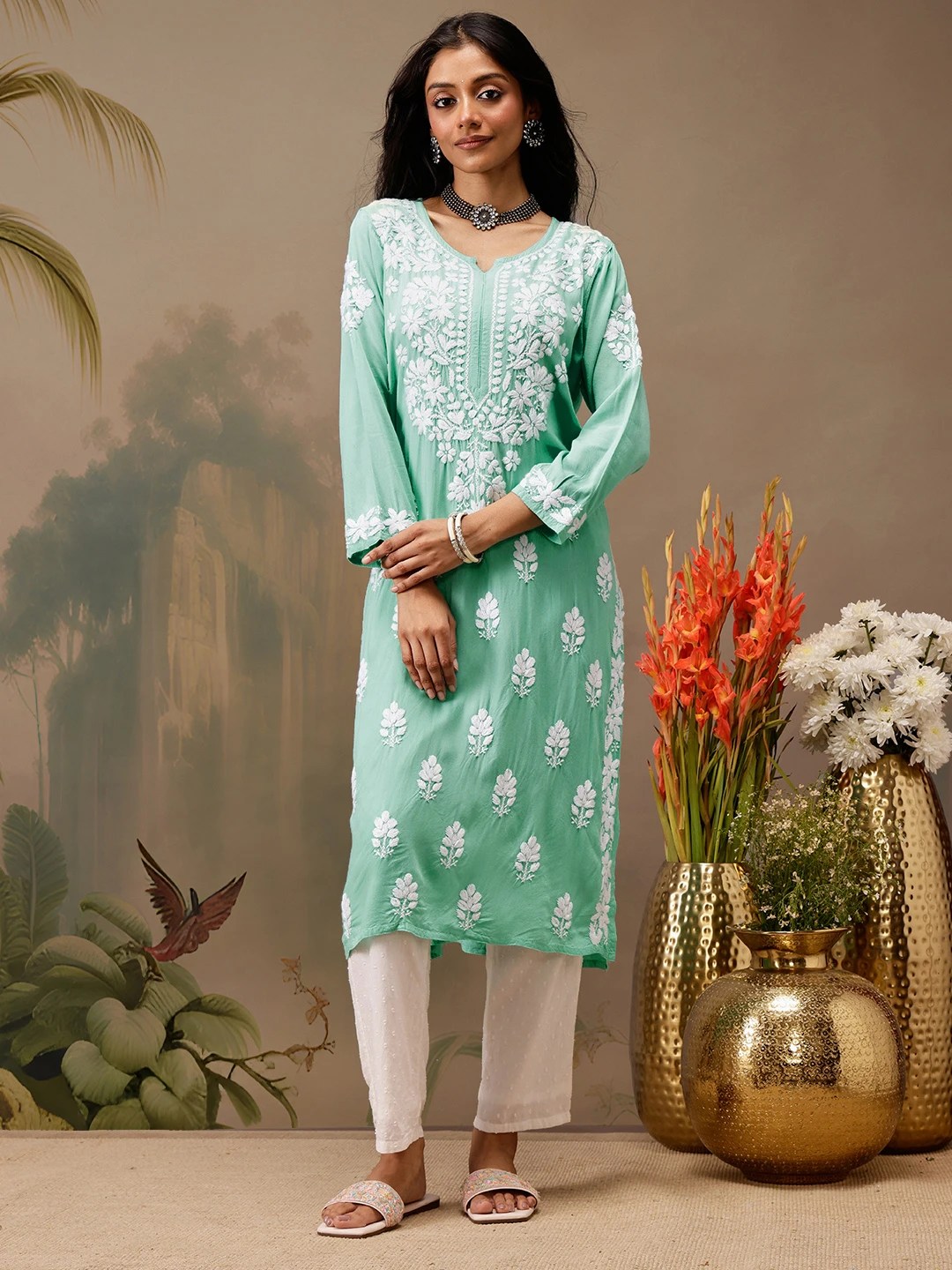 kaashley Hand Embroidered Sea Green Rayon Lucknowi Chikankari Straight Kurta-1 kaashley Hand Embroidered Sea Green Rayon Lucknowi Chikankari Straight Kurta - Image 1