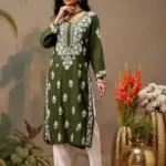 kaashley Hand Embroidered Olive Green Rayon Lucknowi Chikankari Straight Kurta