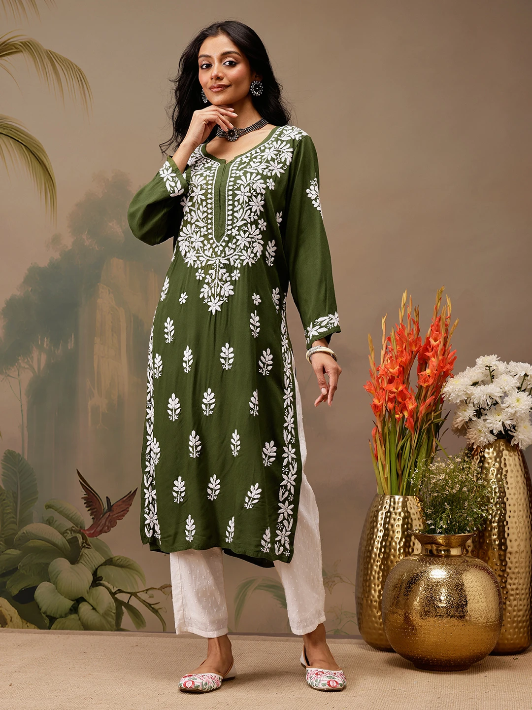 kaashley Hand Embroidered Olive Green Rayon Lucknowi Chikankari Straight Kurta-1 kaashley Hand Embroidered Olive Green Rayon Lucknowi Chikankari Straight Kurta - Image 1