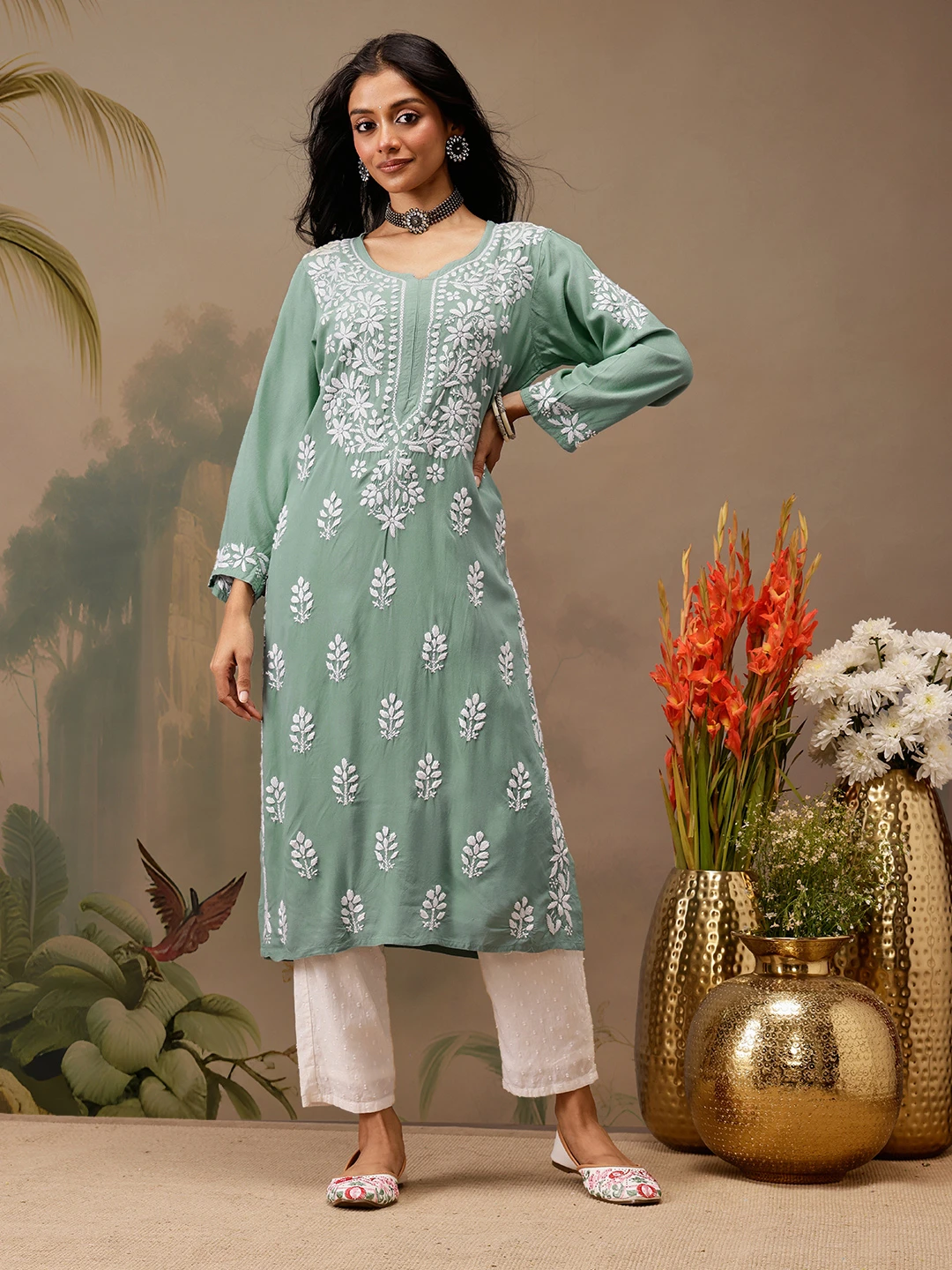 kaashley Hand Embroidered Teal Green Rayon Lucknowi Chikankari Straight Kurta-1 kaashley Hand Embroidered Teal Green Rayon Lucknowi Chikankari Straight Kurta - Image 1