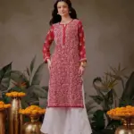 Kaashley Hand Embroidered Red Georgette Lucknowi Chikankari Straight Kurta With Palazzo