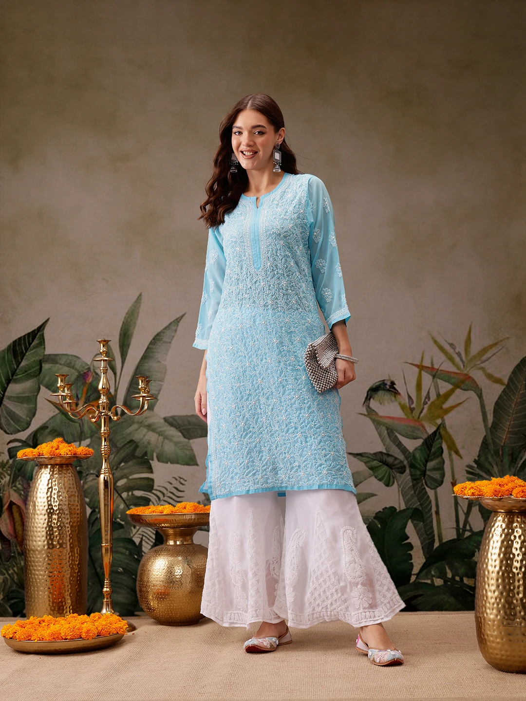 Kaashley Hand Embroidered Blue Georgette Lucknowi Chikankari Straight Kurta With Palazzo-1 Kaashley Hand Embroidered Blue Georgette Lucknowi Chikankari Straight Kurta With Palazzo - Image 1