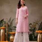Kaashley Hand Embroidered Baby Pink Georgette Lucknowi Chikankari Straight Kurta With Palazzo