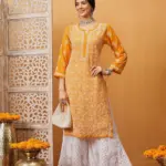 kaashley Hand Embroidered Mustard Georgette Lucknowi Chikankari Straight Kurta With Palazzo