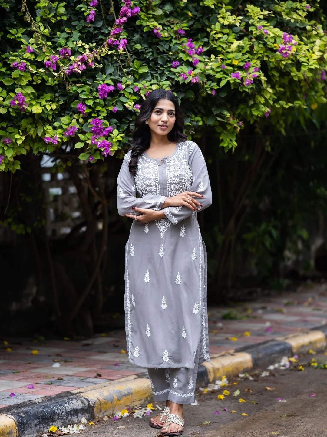 Hand Embroidered Grey Rayon Lucknowi Chikankari Co-Ord Set-1 Hand Embroidered Grey Rayon Lucknowi Chikankari Co-Ord Set - Image 1