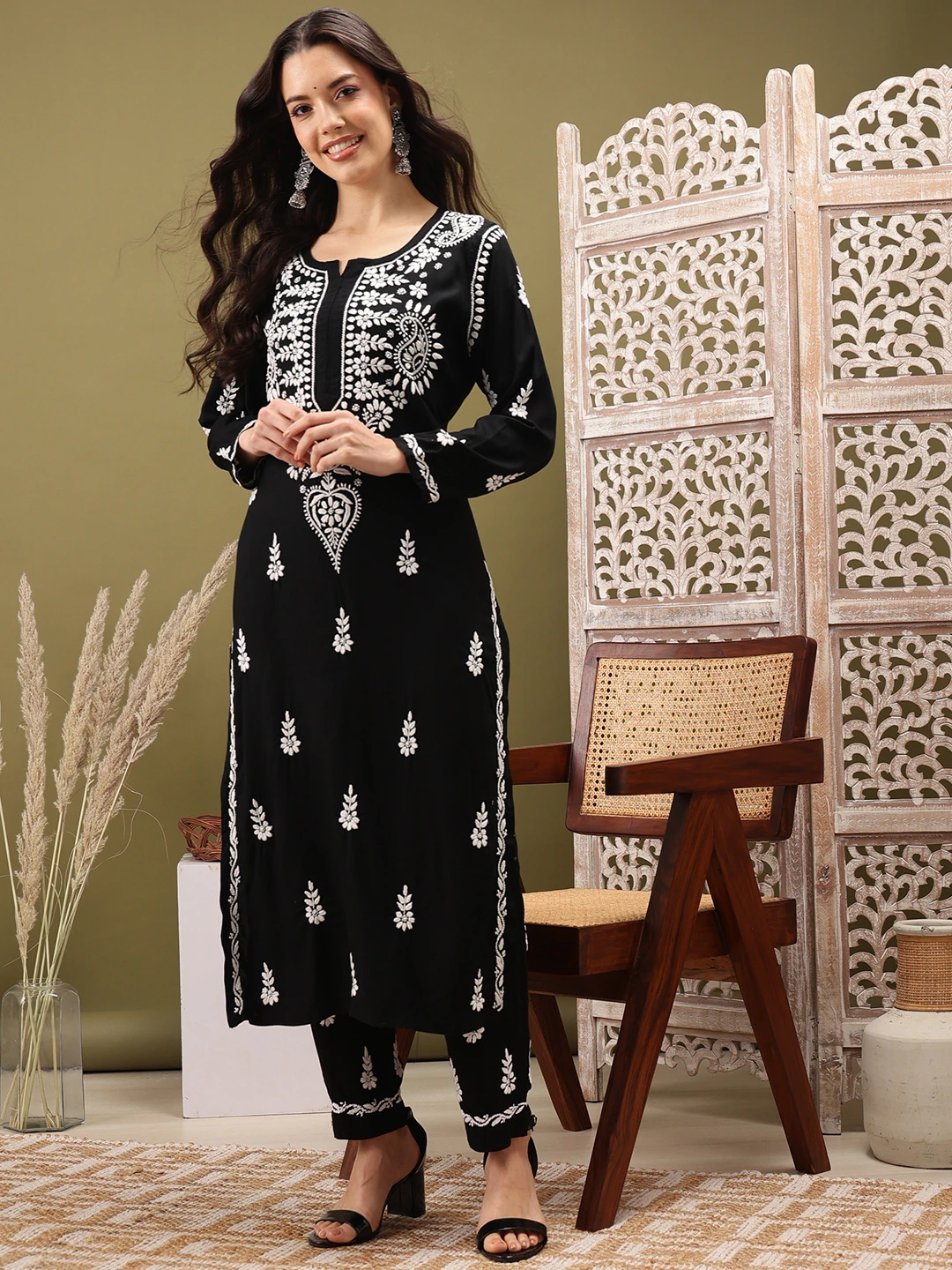 Hand Embroidered Black Rayon Lucknowi Chikankari Co-Ord Set-1 Hand Embroidered Black Rayon Lucknowi Chikankari Co-Ord Set - Image 1