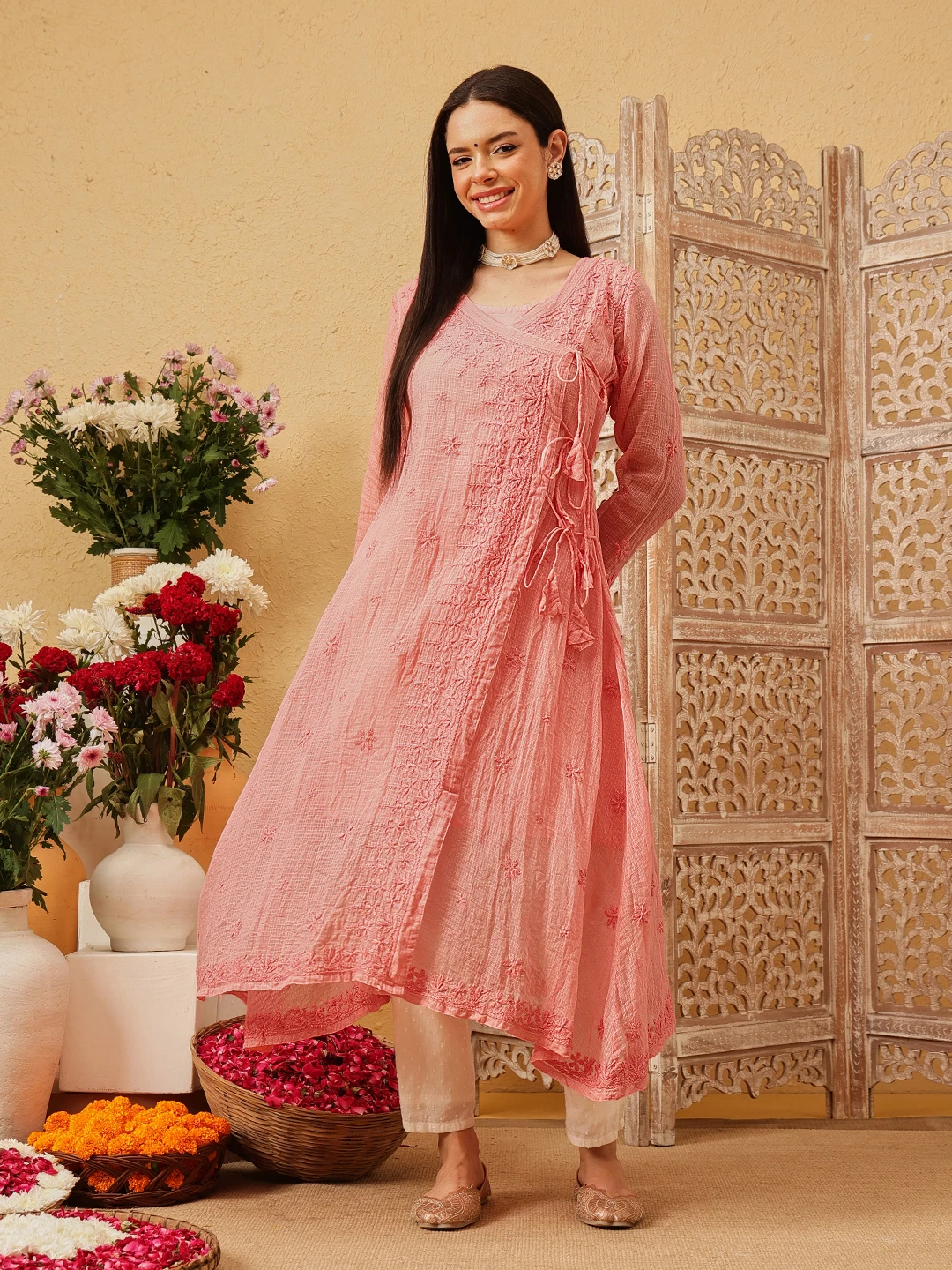 Hand Embroidered Peach Kota Lucknow Chikankari Angarkha Kurta with Slip-1 Hand Embroidered Pink Kota Lucknow Chikankari Angarkha Kurta with Slip - Image 1